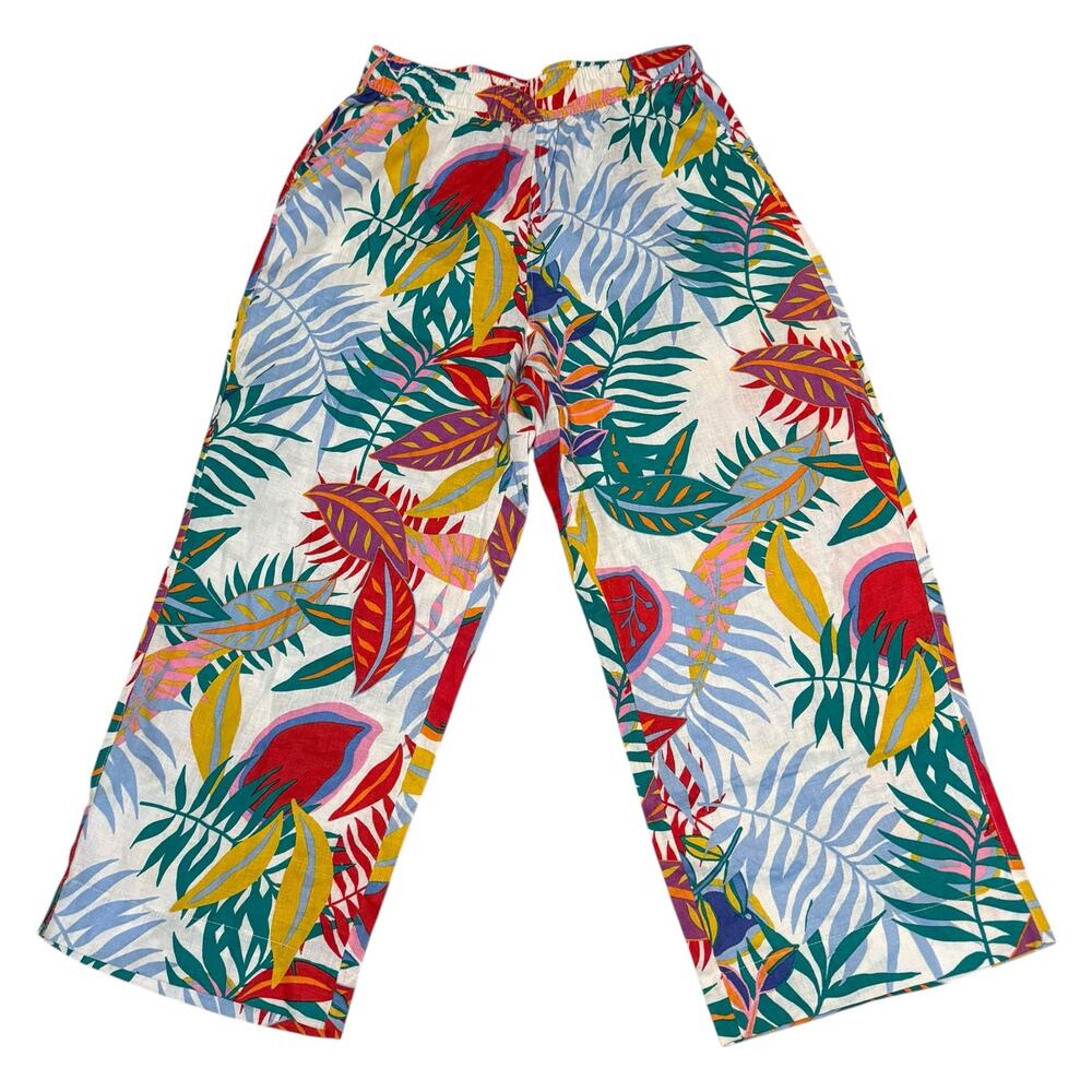 C&C California Linen Drawstring Pants Wide Leg Crop Length Tropical Print Large